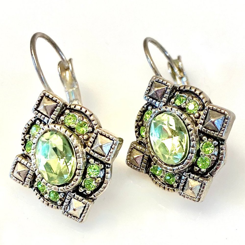 Glam Silvertone & Green Stone Earrings